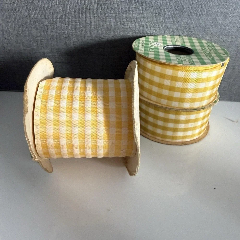 Vintage Lot of 9 Rolls Fabric Ribbons Red Yellow Brown Blue Pattern Check Plaid